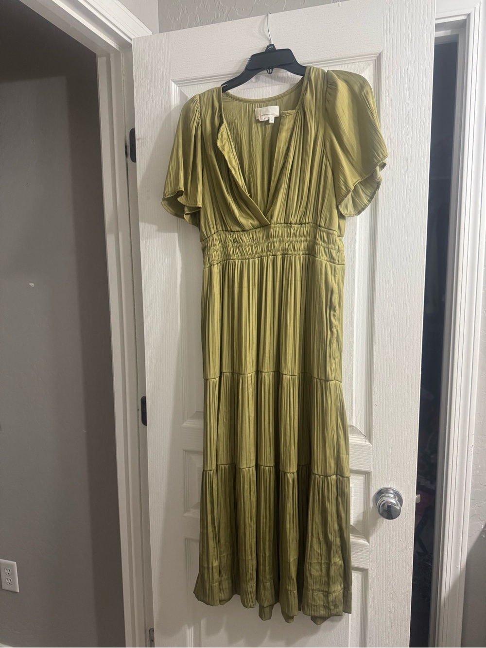 Anthropologie Olive Tiered Maxi Dress with Flutter Sleeves